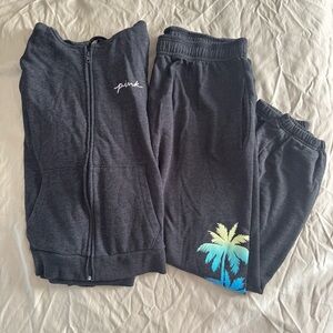 Victoria's Secret PINK Palm Shine Grey Zip Hoodie Sweatpants Set XL XXL